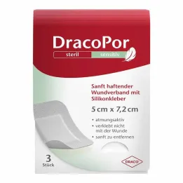 Dracopor sensitive 5x7,2 cm sterilen s silikonskim lepilom, 3 kos